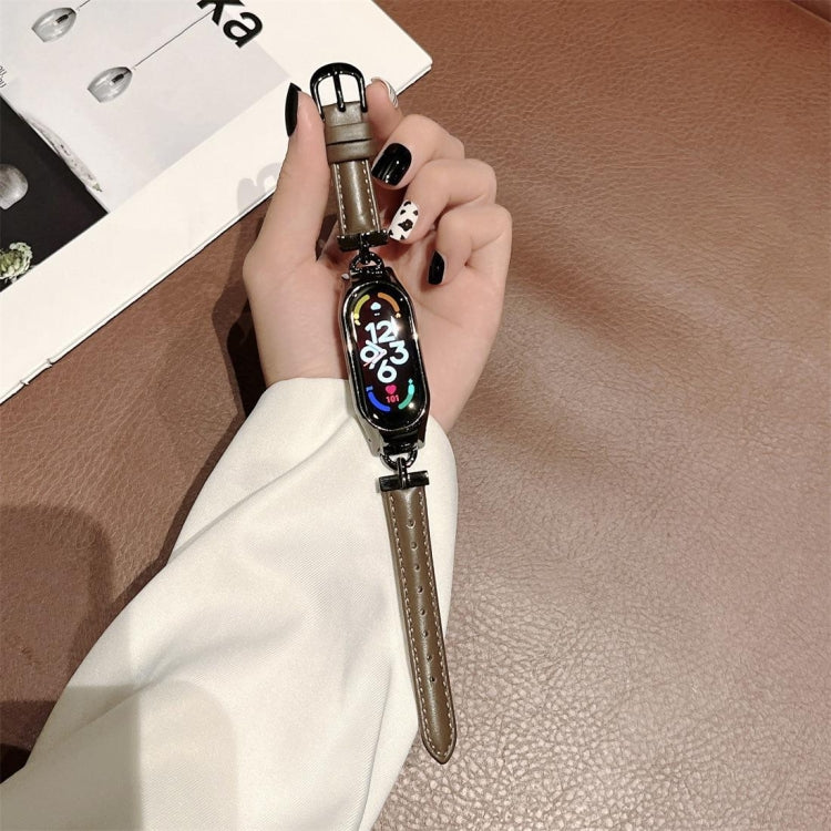 For Xiaomi Mi Band 3 / 4 D-shaped Steel + Genuine Leather Watch Band(Silver Beige) - free shipping - PMC TechLife - Order now!