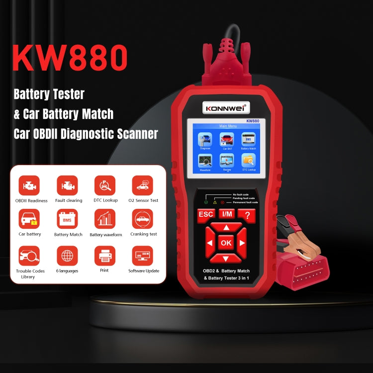 KONNWEI KW880 3 in 1 Car OBD2 Fault Diagnosis + Battery Tester + Battery Match Reset - free shipping - PMC TechLife - Order now!