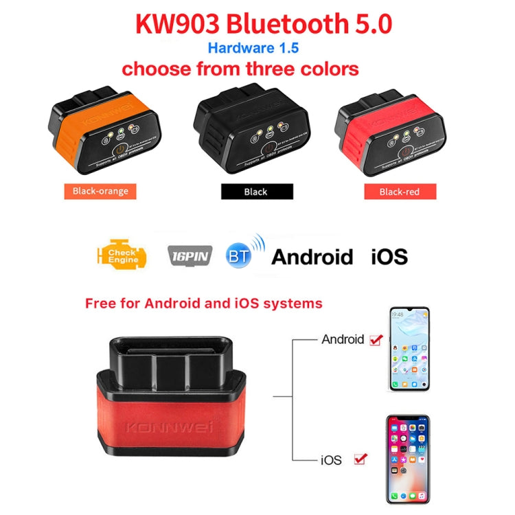 KONNWEI KW903 Bluetooth 5.0 OBD2 Car Fault Diagnostic Scan Tools Support IOS / Android(Black Red) - free shipping - PMC TechLife - Order now!