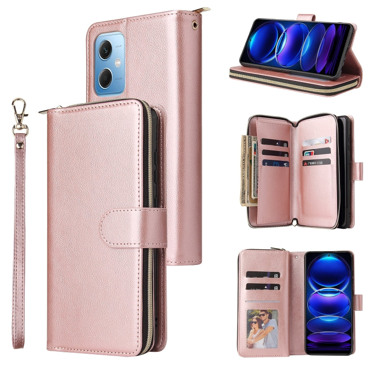 For Xiaomi Redmi Note 12 5G Global / Poco X5 9 Card Slots Zipper Wallet Bag Leather Phone Case(Rose Gold) - free shipping - PMC TechLife - Order now!