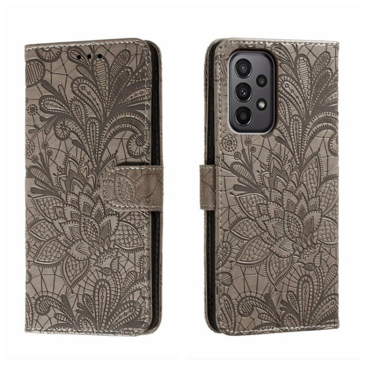 For Samsung Galaxy A24 5G Lace Flower Embossing Flip Leather Phone Case(Grey) - Galaxy Phone Cases by PMC TechLife | Online Shopping South Africa | PMC TechLife | Buy Now Pay Later Mobicred