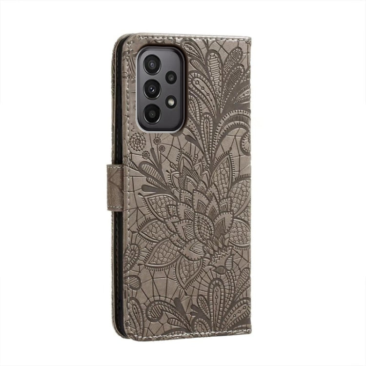 For Samsung Galaxy A24 5G Lace Flower Embossing Flip Leather Phone Case(Grey) - Galaxy Phone Cases by PMC TechLife | Online Shopping South Africa | PMC TechLife | Buy Now Pay Later Mobicred