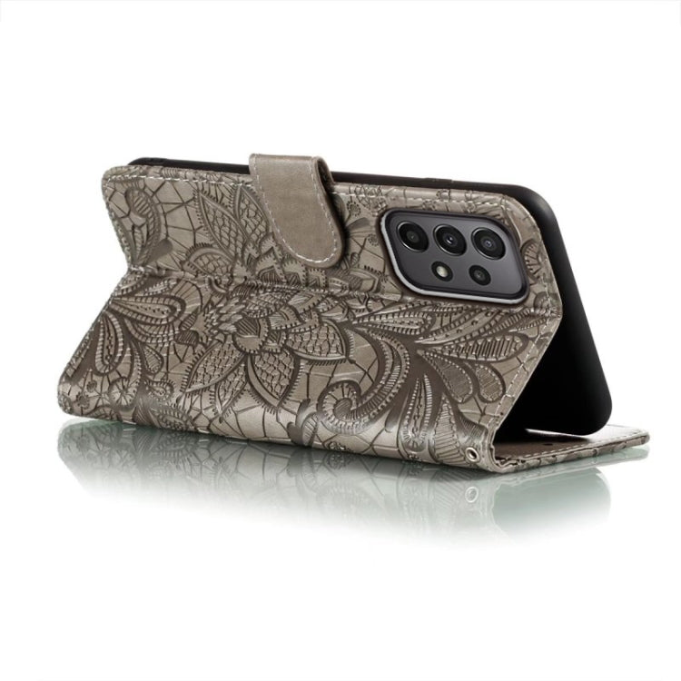 For Samsung Galaxy A24 5G Lace Flower Embossing Flip Leather Phone Case(Grey) - Galaxy Phone Cases by PMC TechLife | Online Shopping South Africa | PMC TechLife | Buy Now Pay Later Mobicred