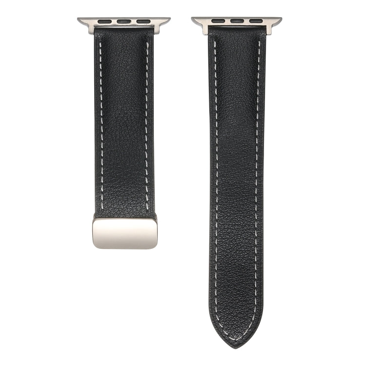 Folding Buckle Genuine Leather Watch Band For Apple Watch Ultra 49mm / Series 8&7 45mm / SE 2&6&SE&5&4 44mm / 3&2&1 42mm(Black) - Smart Wear by PMC TechLife | Online Shopping South Africa | PMC TechLife