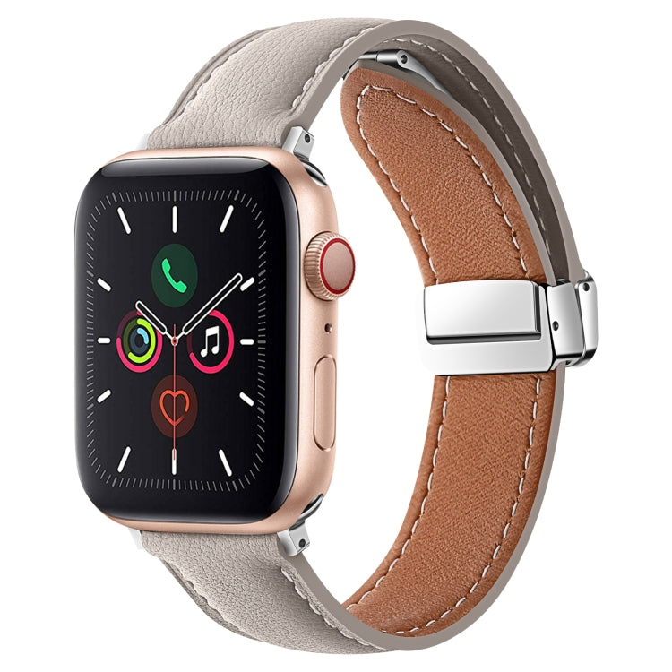 Folding Buckle Genuine Leather Watch Band For Apple Watch Ultra 49mm / Series 8&7 45mm / SE 2&6&SE&5&4 44mm / 3&2&1 42mm(Grey) -  by PMC TechLife | Online Shopping South Africa | PMC TechLife