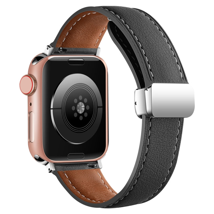 Folding Buckle Genuine Leather Watch Band For Apple Watch Series 8&7 41mm / SE 2&6&SE&5&4 40mm / 3&2&1 38mm(Black) - Smart Wear by PMC TechLife | Online Shopping South Africa | PMC TechLife