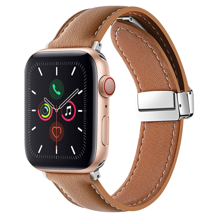 Folding Buckle Genuine Leather Watch Band For Apple Watch Series 8&7 41mm / SE 2&6&SE&5&4 40mm / 3&2&1 38mm(Brown) -  by PMC TechLife | Online Shopping South Africa | PMC TechLife