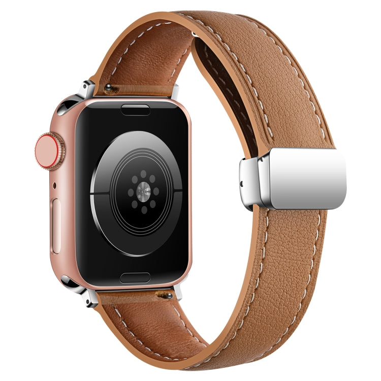 Folding Buckle Genuine Leather Watch Band For Apple Watch Series 8&7 41mm / SE 2&6&SE&5&4 40mm / 3&2&1 38mm(Brown) -  by PMC TechLife | Online Shopping South Africa | PMC TechLife