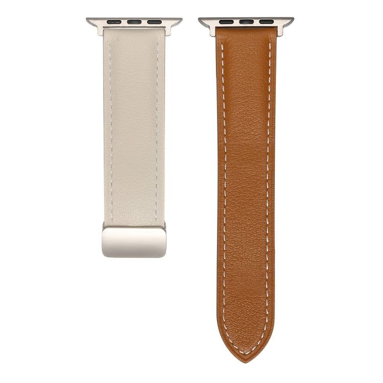 Folding Buckle Genuine Leather Watch Band For Apple Watch Series 8&7 41mm / SE 2&6&SE&5&4 40mm / 3&2&1 38mm(White + Brown) - Smart Wear by PMC TechLife | Online Shopping South Africa | PMC TechLife