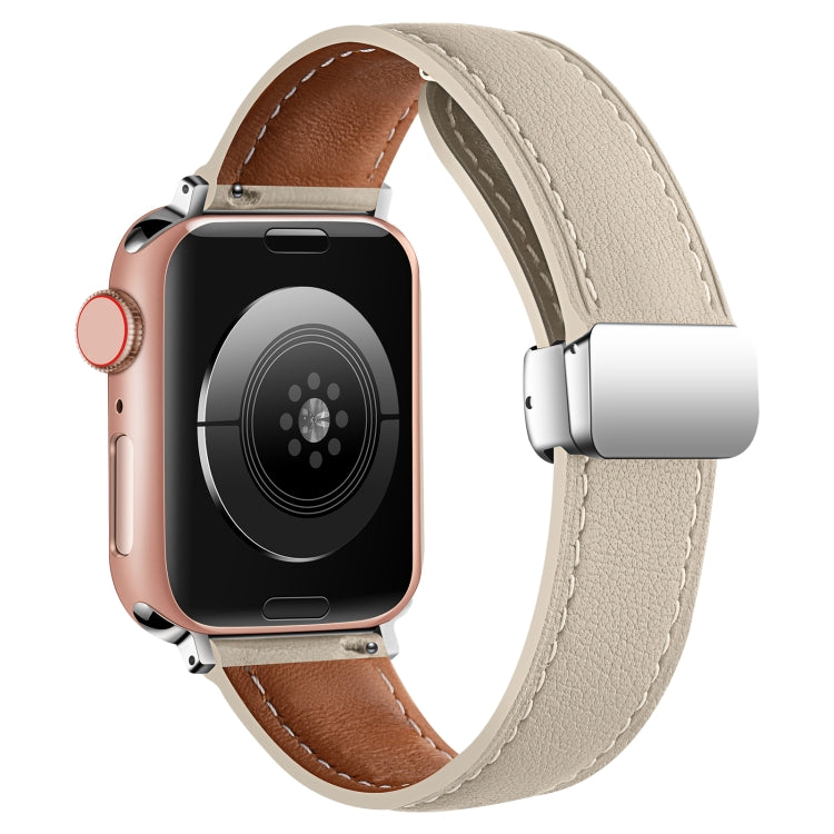 Folding Buckle Genuine Leather Watch Band For Apple Watch Series 8&7 41mm / SE 2&6&SE&5&4 40mm / 3&2&1 38mm(White) -  by PMC TechLife | Online Shopping South Africa | PMC TechLife