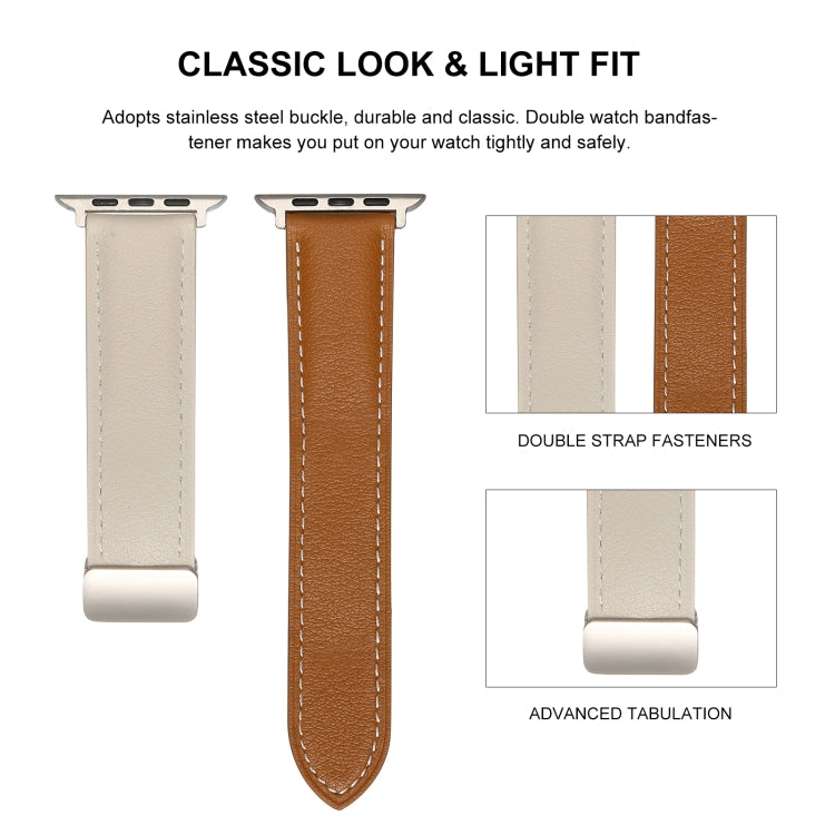Folding Buckle Genuine Leather Watch Band For Apple Watch Series 8&7 41mm / SE 2&6&SE&5&4 40mm / 3&2&1 38mm(White + Brown) - Smart Wear by PMC TechLife | Online Shopping South Africa | PMC TechLife