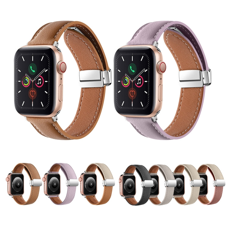 Folding Buckle Genuine Leather Watch Band For Apple Watch Series 8&7 41mm / SE 2&6&SE&5&4 40mm / 3&2&1 38mm(Brown) -  by PMC TechLife | Online Shopping South Africa | PMC TechLife