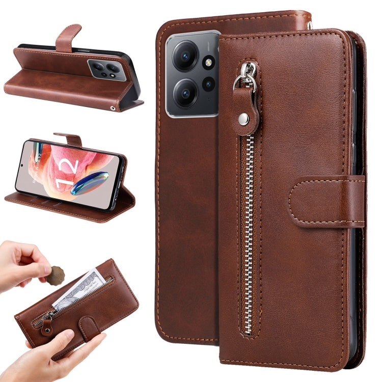 For Xiaomi Redmi Note 12 4G Global Calf Texture Zipper Leather Phone Case(Brown) - free shipping - PMC TechLife - Order now!