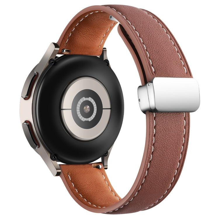 20mm Folding Buckle Plain Weave Genuine Leather Watch Band(Brown+Silver) - Smart Wear by PMC TechLife | Online Shopping South Africa | PMC TechLife