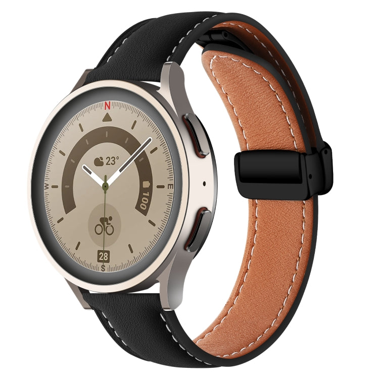 22mm Folding Buckle Plain Weave Genuine Leather Watch Band(Black+Black) - Smart Wear by PMC TechLife | Online Shopping South Africa | PMC TechLife