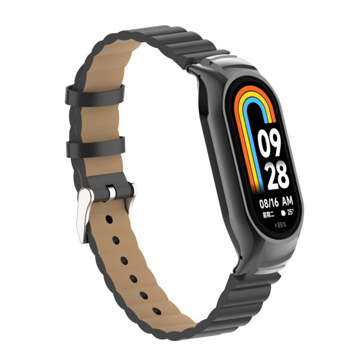 For Xiaomi Mi Band 8 Integrated Metal Case + Bamboo Leather Watch Band(Black) - Smart Wear by PMC TechLife | Online Shopping South Africa | PMC TechLife