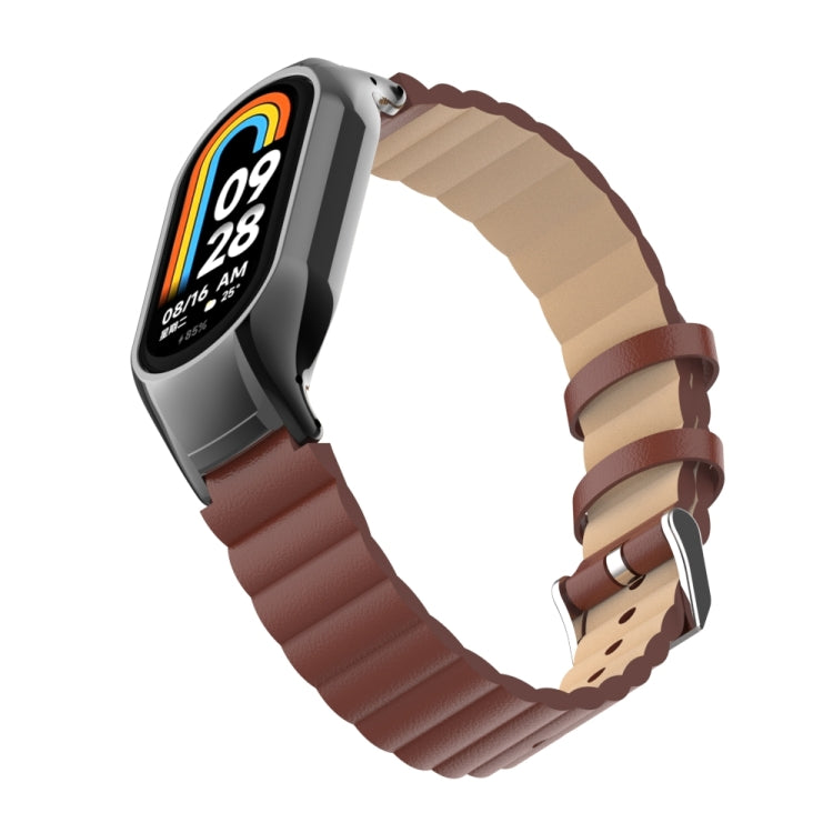 For Xiaomi Mi Band 8 Integrated Metal Case + Bamboo Leather Watch Band(Red Brown) - Smart Wear by PMC TechLife | Online Shopping South Africa | PMC TechLife