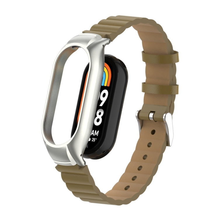For Xiaomi Mi Band 8 Integrated Metal Case + Bamboo Leather Watch Band(Saddle) - Smart Wear by PMC TechLife | Online Shopping South Africa | PMC TechLife