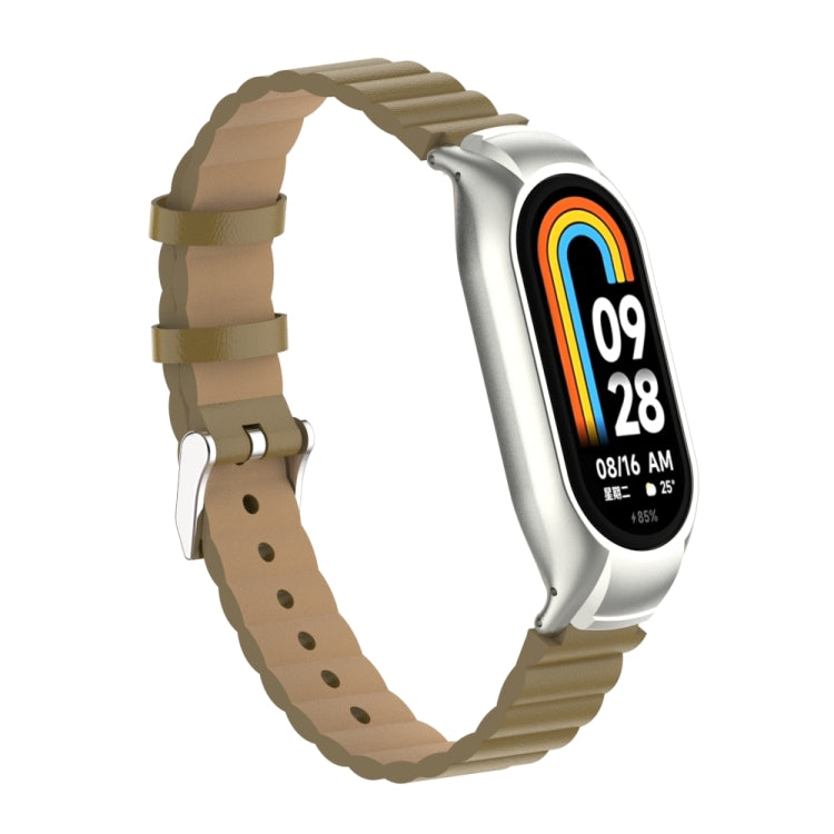For Xiaomi Mi Band 8 Integrated Metal Case + Bamboo Leather Watch Band(Saddle) - Smart Wear by PMC TechLife | Online Shopping South Africa | PMC TechLife