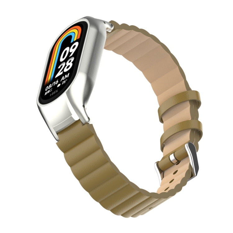 For Xiaomi Mi Band 8 Integrated Metal Case + Bamboo Leather Watch Band(Saddle) - Smart Wear by PMC TechLife | Online Shopping South Africa | PMC TechLife