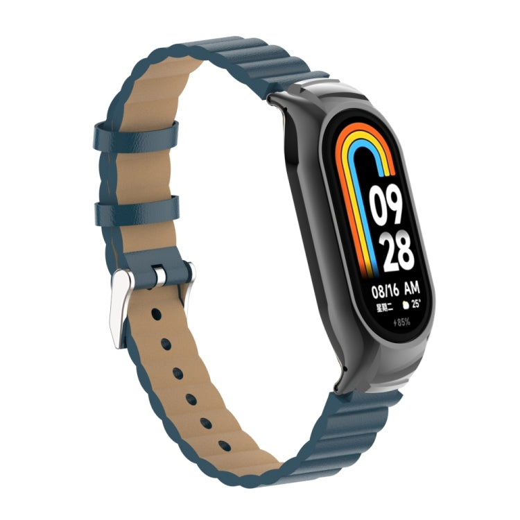 For Xiaomi Mi Band 8 Integrated Metal Case + Bamboo Leather Watch Band(Navy Blue) - Smart Wear by PMC TechLife | Online Shopping South Africa | PMC TechLife