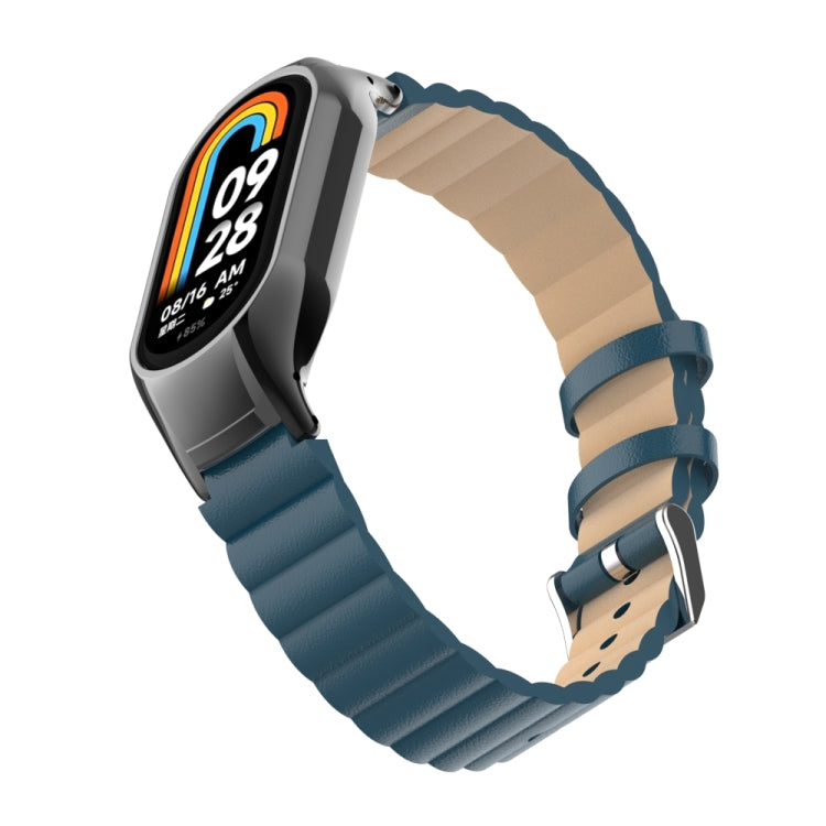 For Xiaomi Mi Band 8 Integrated Metal Case + Bamboo Leather Watch Band(Navy Blue) - Smart Wear by PMC TechLife | Online Shopping South Africa | PMC TechLife