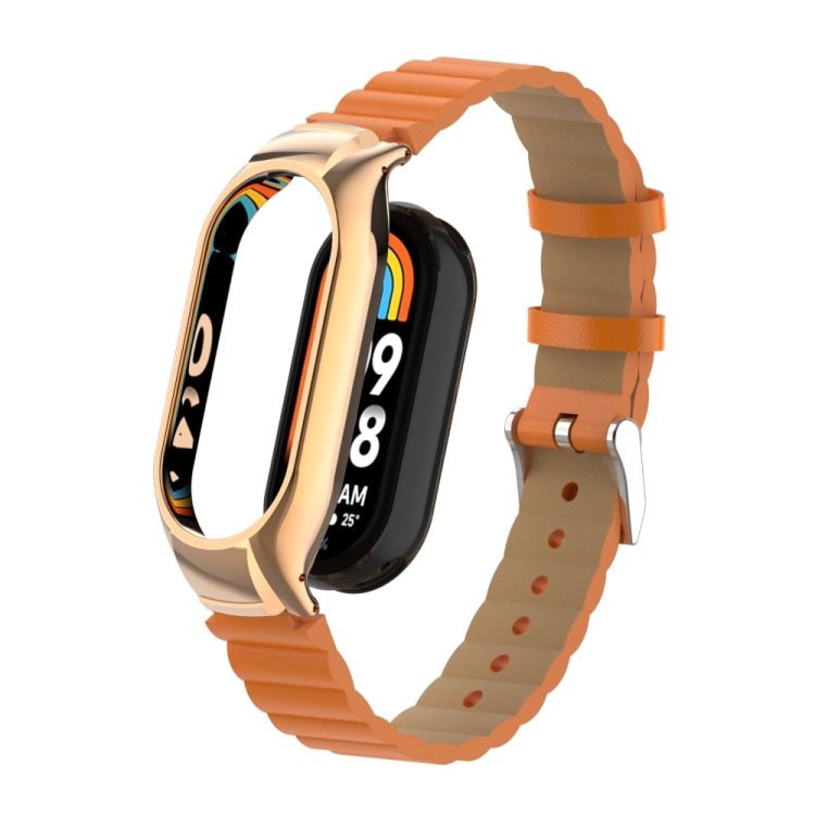 For Xiaomi Mi Band 8 Integrated Metal Case + Bamboo Leather Watch Band(Orange) - Smart Wear by PMC TechLife | Online Shopping South Africa | PMC TechLife