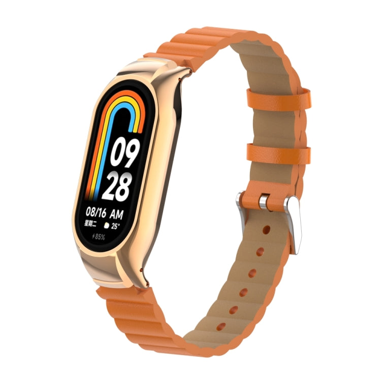 For Xiaomi Mi Band 8 Integrated Metal Case + Bamboo Leather Watch Band(Orange) - Smart Wear by PMC TechLife | Online Shopping South Africa | PMC TechLife