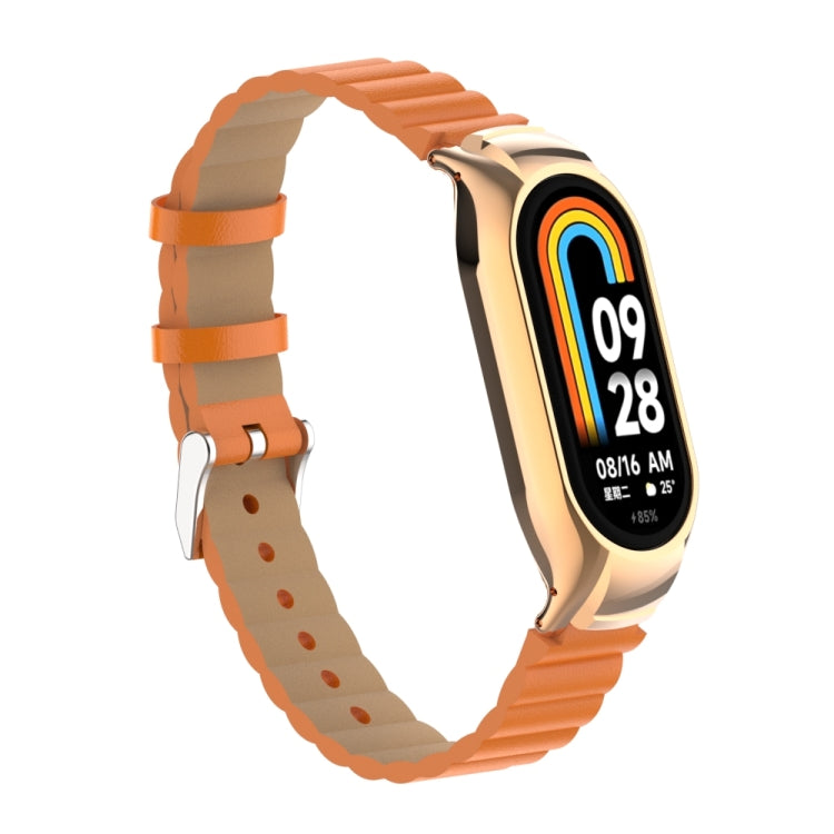 For Xiaomi Mi Band 8 Integrated Metal Case + Bamboo Leather Watch Band(Orange) - Smart Wear by PMC TechLife | Online Shopping South Africa | PMC TechLife