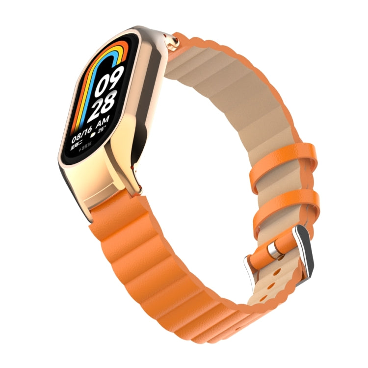 For Xiaomi Mi Band 8 Integrated Metal Case + Bamboo Leather Watch Band(Orange) - Smart Wear by PMC TechLife | Online Shopping South Africa | PMC TechLife