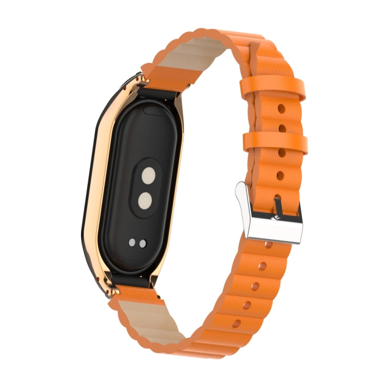 For Xiaomi Mi Band 8 Integrated Metal Case + Bamboo Leather Watch Band(Orange) - Smart Wear by PMC TechLife | Online Shopping South Africa | PMC TechLife