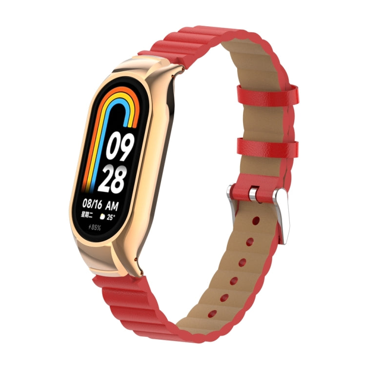 For Xiaomi Mi Band 8 Integrated Metal Case + Bamboo Leather Watch Band(Red) - Smart Wear by PMC TechLife | Online Shopping South Africa | PMC TechLife