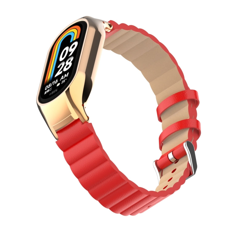 For Xiaomi Mi Band 8 Integrated Metal Case + Bamboo Leather Watch Band(Red) - Smart Wear by PMC TechLife | Online Shopping South Africa | PMC TechLife