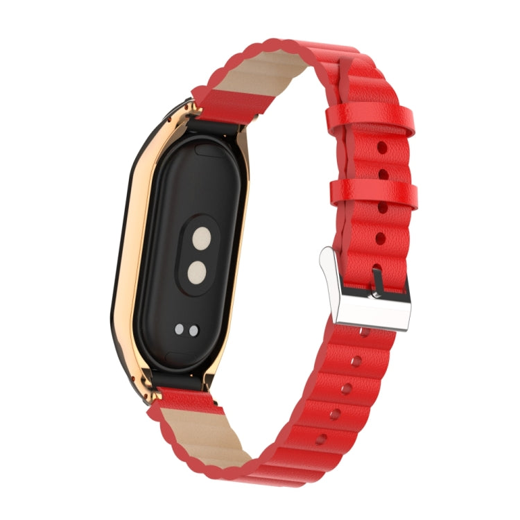 For Xiaomi Mi Band 8 Integrated Metal Case + Bamboo Leather Watch Band(Red) - Smart Wear by PMC TechLife | Online Shopping South Africa | PMC TechLife