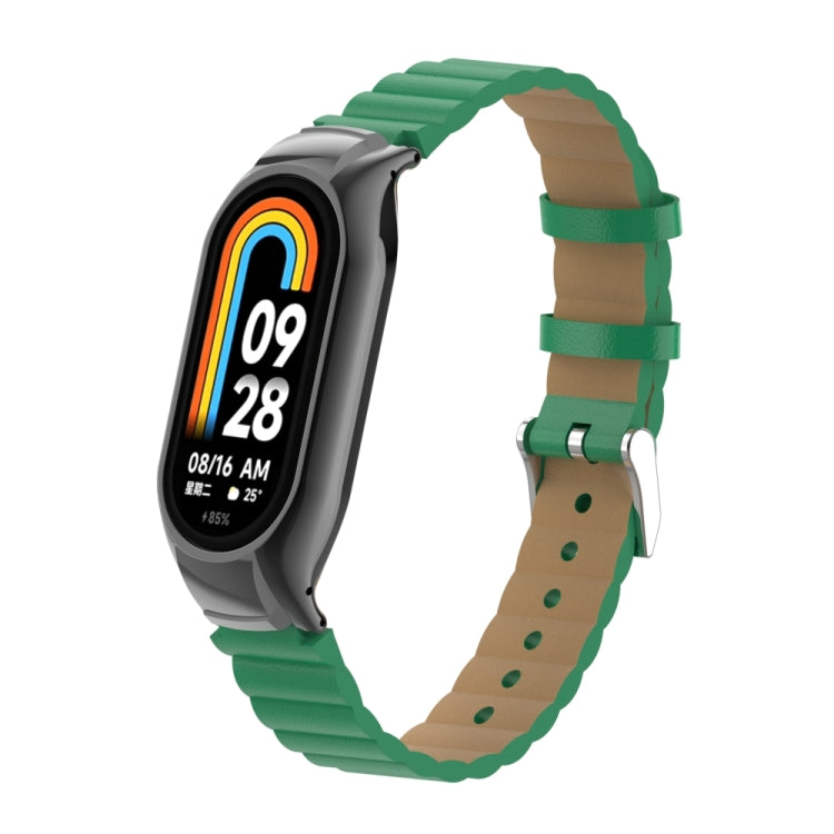 For Xiaomi Mi Band 8 Integrated Metal Case + Bamboo Leather Watch Band(Bamboo Green) - Smart Wear by PMC TechLife | Online Shopping South Africa | PMC TechLife
