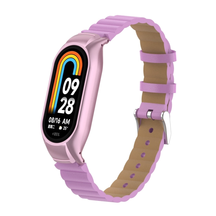 For Xiaomi Mi Band 8 Integrated Metal Case + Bamboo Leather Watch Band(Rose Pink) - Smart Wear by PMC TechLife | Online Shopping South Africa | PMC TechLife