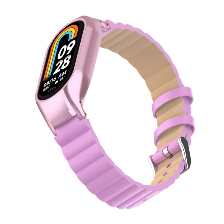 For Xiaomi Mi Band 8 Integrated Metal Case + Bamboo Leather Watch Band(Rose Pink) - Smart Wear by PMC TechLife | Online Shopping South Africa | PMC TechLife