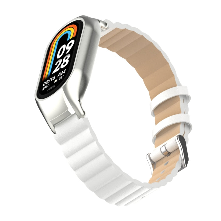 For Xiaomi Mi Band 8 Integrated Metal Case + Bamboo Leather Watch Band(White) - Smart Wear by PMC TechLife | Online Shopping South Africa | PMC TechLife