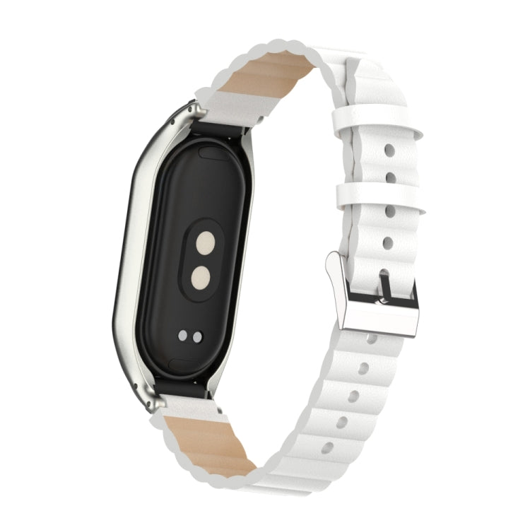 For Xiaomi Mi Band 8 Integrated Metal Case + Bamboo Leather Watch Band(White) - Smart Wear by PMC TechLife | Online Shopping South Africa | PMC TechLife