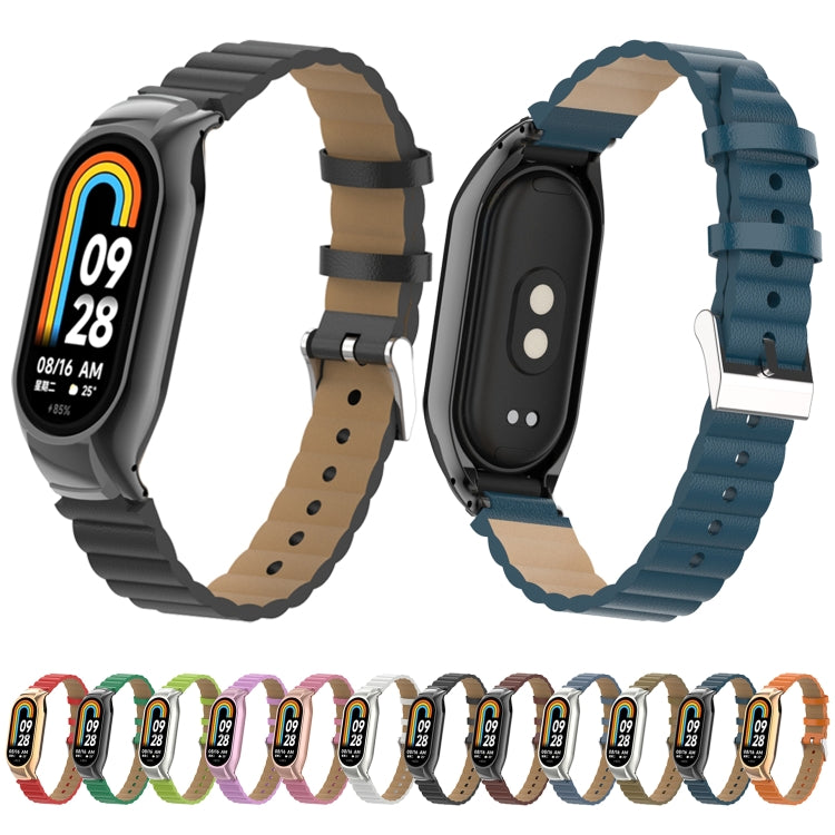 For Xiaomi Mi Band 8 Integrated Metal Case + Bamboo Leather Watch Band(Navy Blue) - Smart Wear by PMC TechLife | Online Shopping South Africa | PMC TechLife