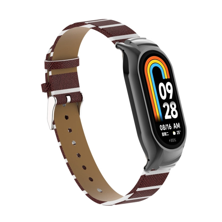 For Xiaomi Mi Band 8 Integrated Metal Case + Secondary Color Leather Watch Band(Coffee) - Smart Wear by PMC TechLife | Online Shopping South Africa | PMC TechLife