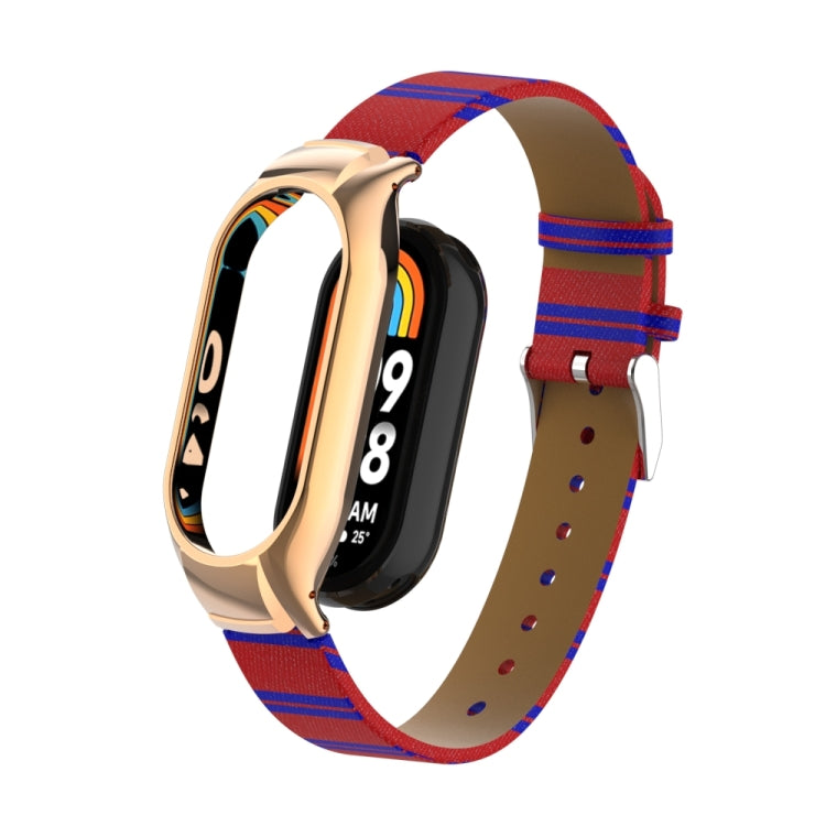 For Xiaomi Mi Band 8 Integrated Metal Case + Secondary Color Leather Watch Band(Red) - Smart Wear by PMC TechLife | Online Shopping South Africa | PMC TechLife