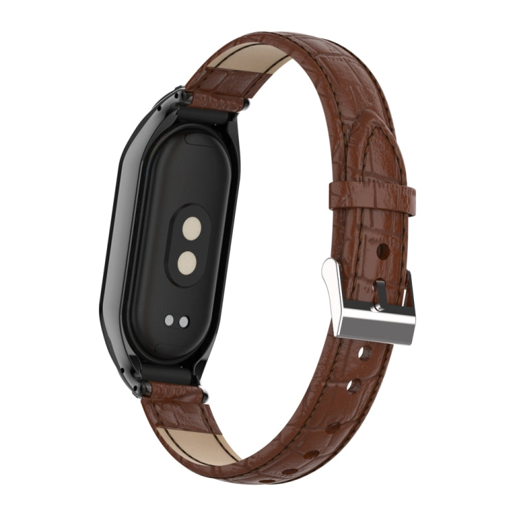 For Xiaomi Mi Band 8 Integrated Metal Case + Cocodile Texture Leather Watch Band(Brown) - Smart Wear by PMC TechLife | Online Shopping South Africa | PMC TechLife