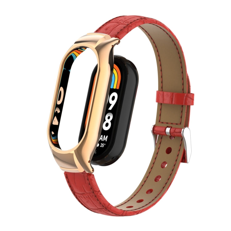 For Xiaomi Mi Band 8 Integrated Metal Case + Cocodile Texture Leather Watch Band(Red) - Smart Wear by PMC TechLife | Online Shopping South Africa | PMC TechLife