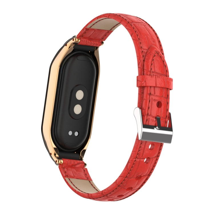 For Xiaomi Mi Band 8 Integrated Metal Case + Cocodile Texture Leather Watch Band(Red) - Smart Wear by PMC TechLife | Online Shopping South Africa | PMC TechLife
