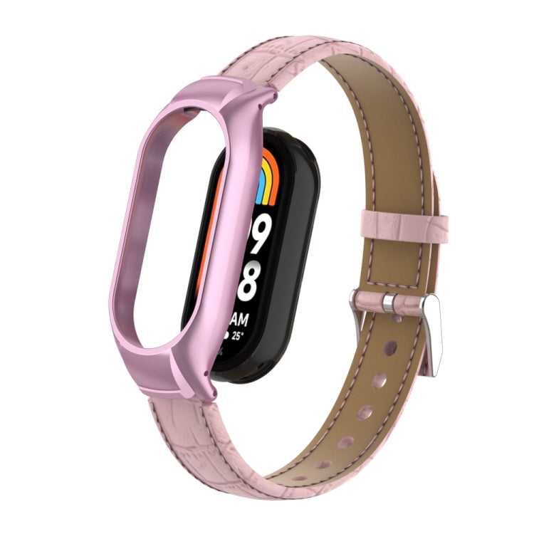 For Xiaomi Mi Band 8 Integrated Metal Case + Cocodile Texture Leather Watch Band(Pink) - Smart Wear by PMC TechLife | Online Shopping South Africa | PMC TechLife
