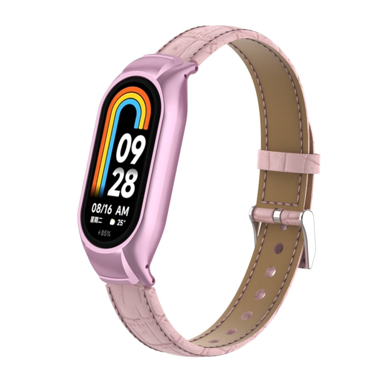For Xiaomi Mi Band 8 Integrated Metal Case + Cocodile Texture Leather Watch Band(Pink) - Smart Wear by PMC TechLife | Online Shopping South Africa | PMC TechLife