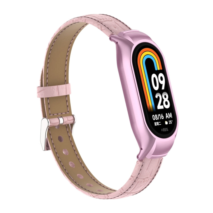For Xiaomi Mi Band 8 Integrated Metal Case + Cocodile Texture Leather Watch Band(Pink) - Smart Wear by PMC TechLife | Online Shopping South Africa | PMC TechLife