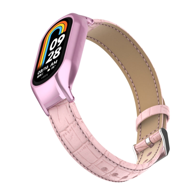 For Xiaomi Mi Band 8 Integrated Metal Case + Cocodile Texture Leather Watch Band(Pink) - Smart Wear by PMC TechLife | Online Shopping South Africa | PMC TechLife