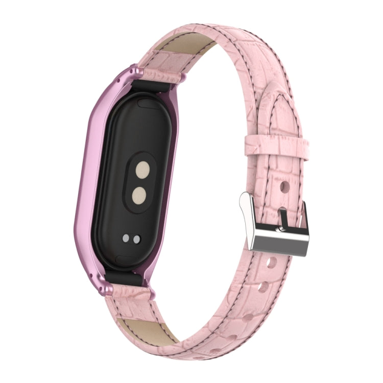 For Xiaomi Mi Band 8 Integrated Metal Case + Cocodile Texture Leather Watch Band(Pink) - Smart Wear by PMC TechLife | Online Shopping South Africa | PMC TechLife